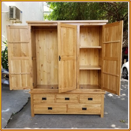 Rustic Oak : Tủ Áo 1m6 - Gỗ Sồi 3 Cánh + 5 Ngăn Kéo